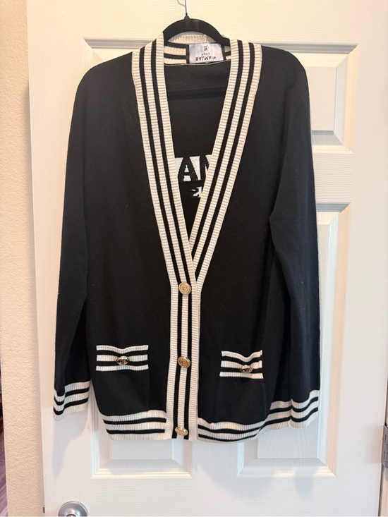 Balmain Sweaters - Balmain Black Cardigan with White Striped Trim and Gold Buttons
